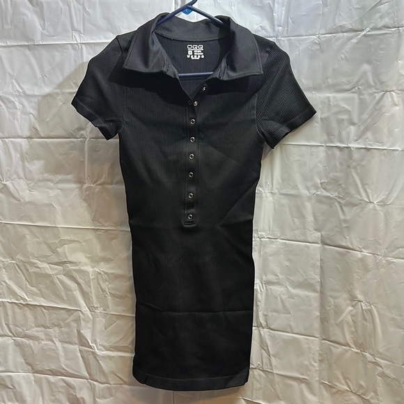 Black Button-down Mini Dress with Notched Collar. Ribbed tummy control medium - Picture 1 of 5
